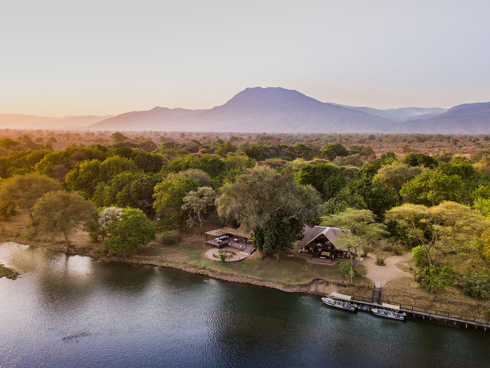 Africa, Zambia, Chiawa Camp, main area and river taken from above