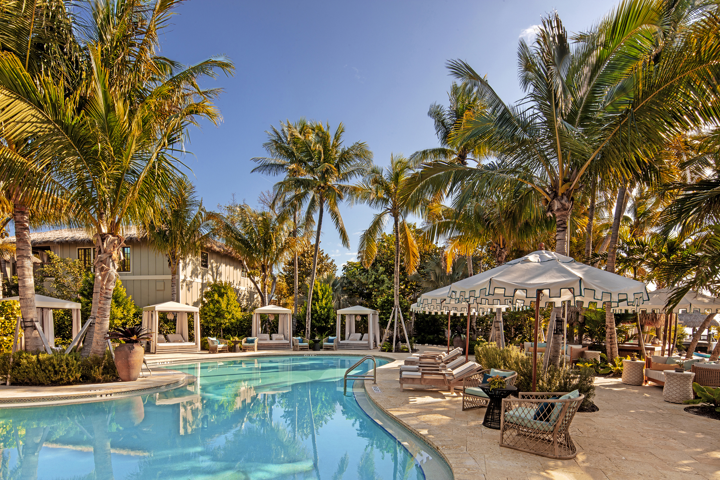 Pool and sun loungers at Little Palm Island in the Florida Keys