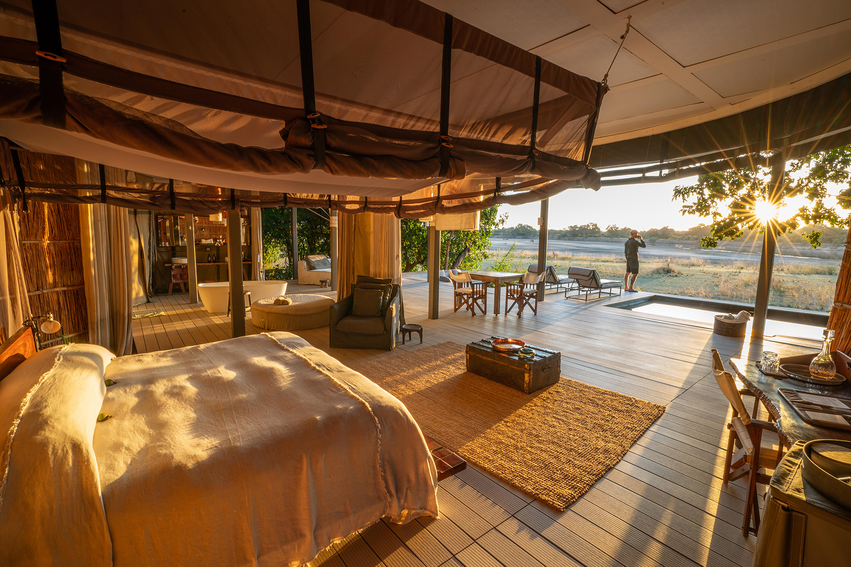 Africa, Zambia, Time + Tide Chinzombo, luxury safari tent bedroom