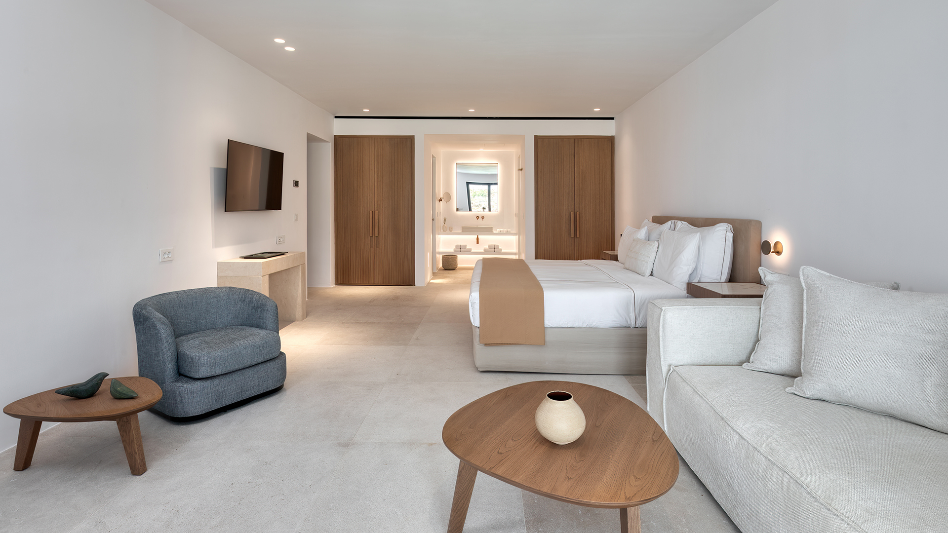 Europe, Greece, Mykonos, Cali Mykonos, Room lounge and bed