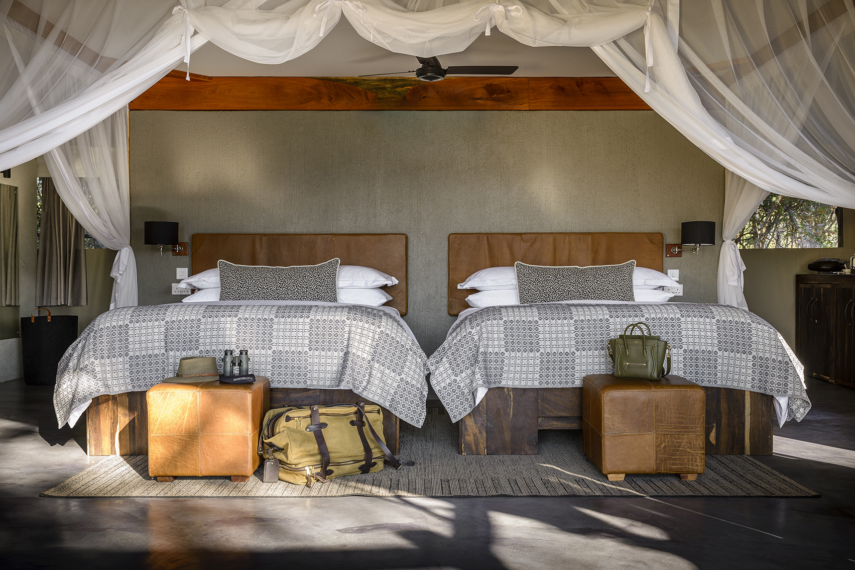 Africa, Zambia, Sungani Lodge, twin tent bedroom with two double beds