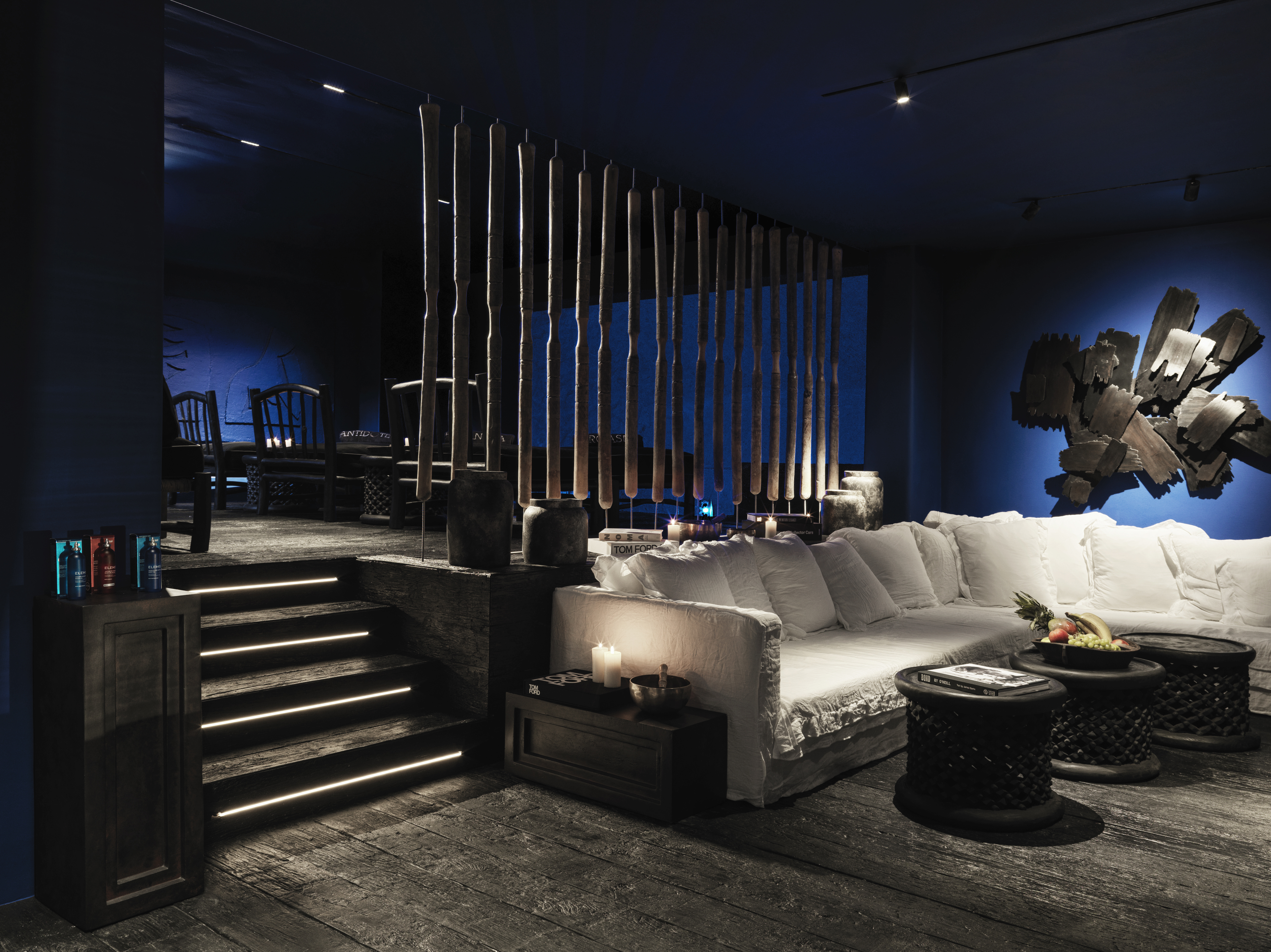 Spa lounge with wooden decor at Myconian O