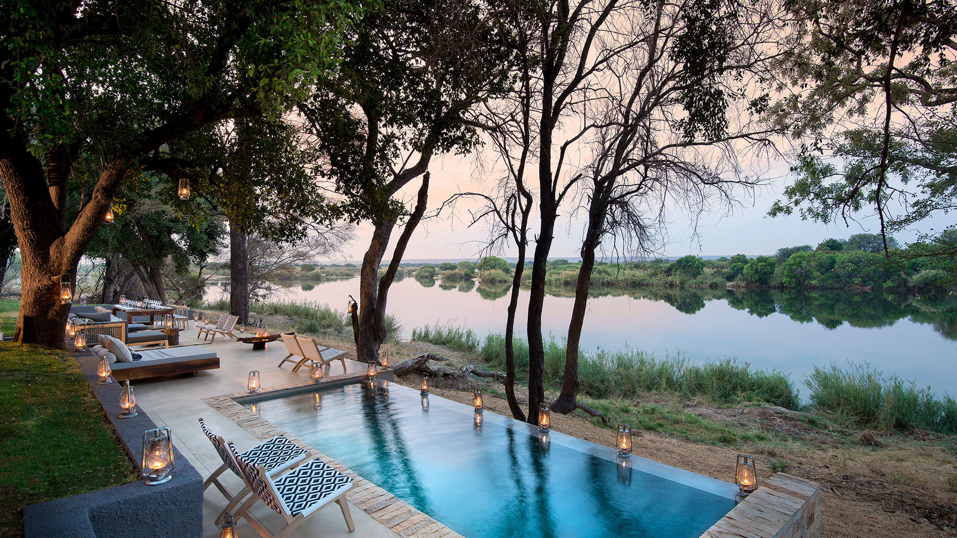  Africa, Zimbabwe, Matetsi River Lodge, Private Game Reserve, River House Outdoor Living Area 