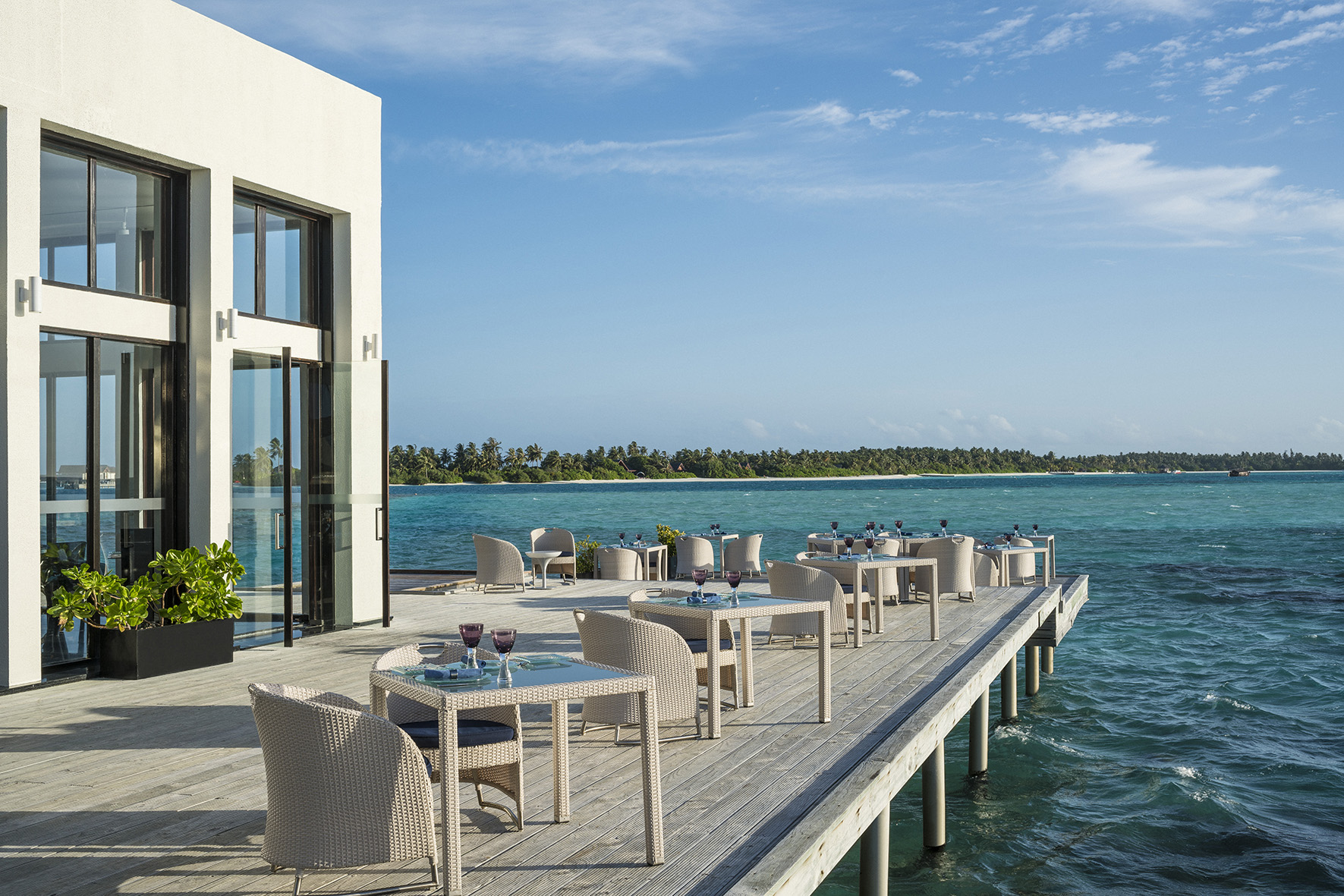 Indian Ocean, Maldives, Niyama Private Islands, overwater restaurant exterior view