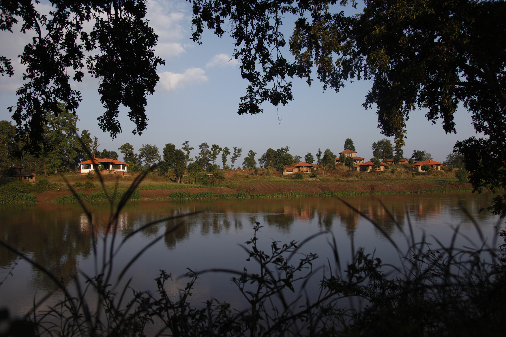Asia, India, Flame of the Forest, exterior lodge panorama taken from across a river