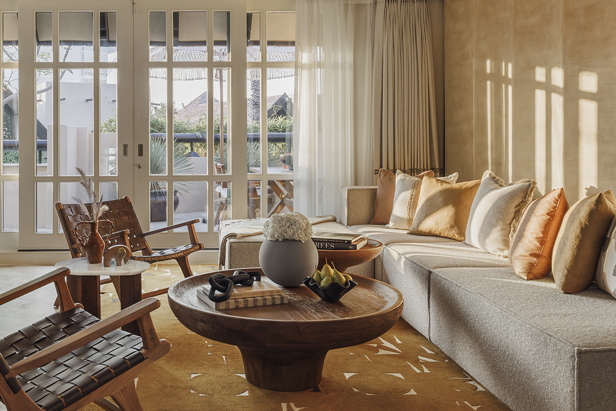 Arabia, UAE, Dubai, Jumeirah Beach Hotel, One Bedroom Al Bahar Villa Living Room seating area with coffee table