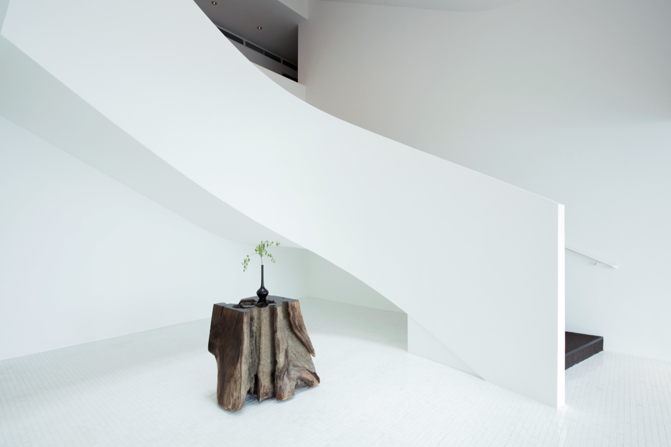 A white lobby with a spiral staircase and a wooden table featuring a single plant