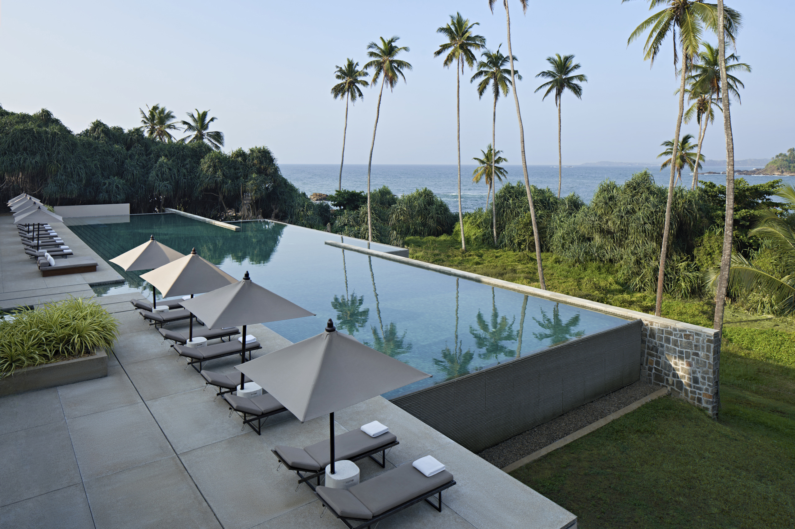 Infinity pool with sun loungers facing palm trees and the ocean