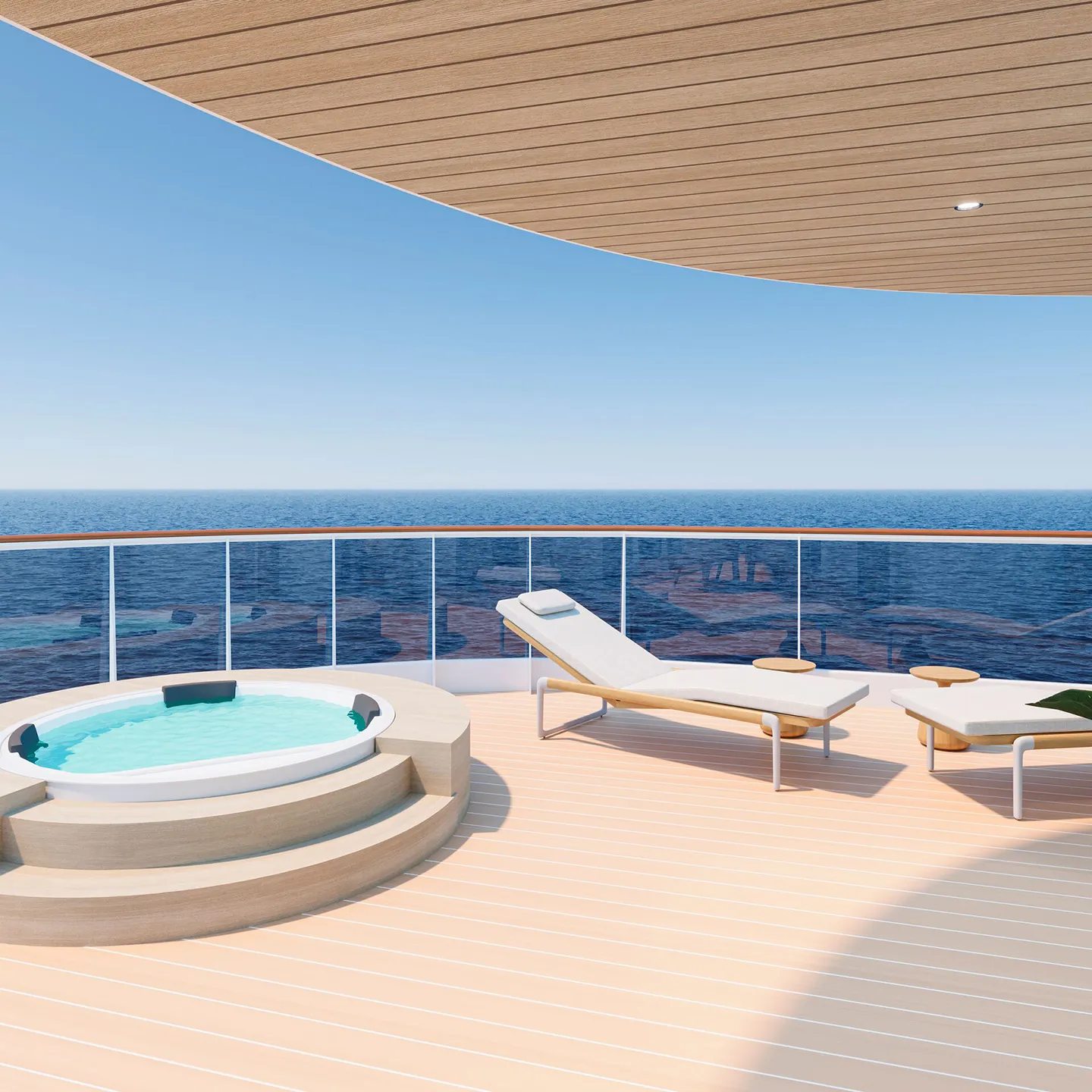 Cruise, Explora Journeys, Explora III cruise ship private pool deck with jacuzzi and sun loungers