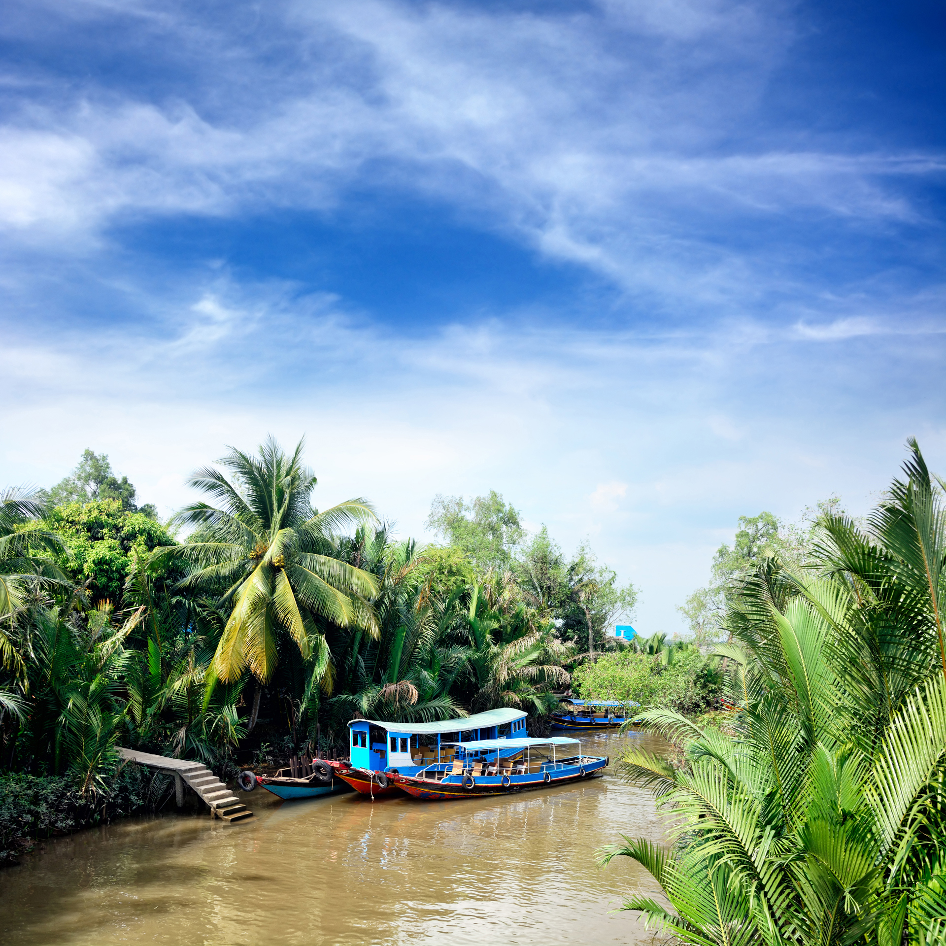Wooden boats at a dock on the Mekong River