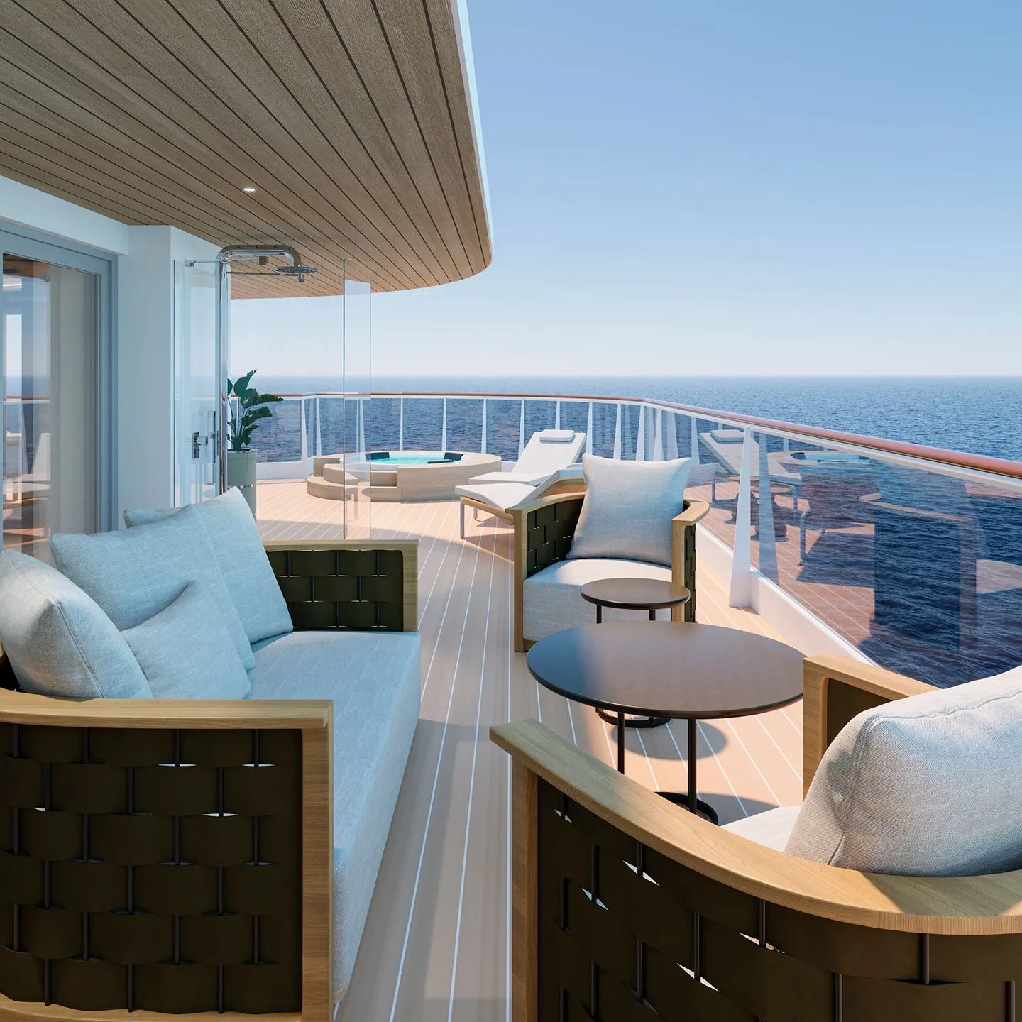 Cruise, Explora Journeys, Explora III cruise ship private pool deck with shower, jacuzzi, sun loungers and a coffee table with comfortable seating
