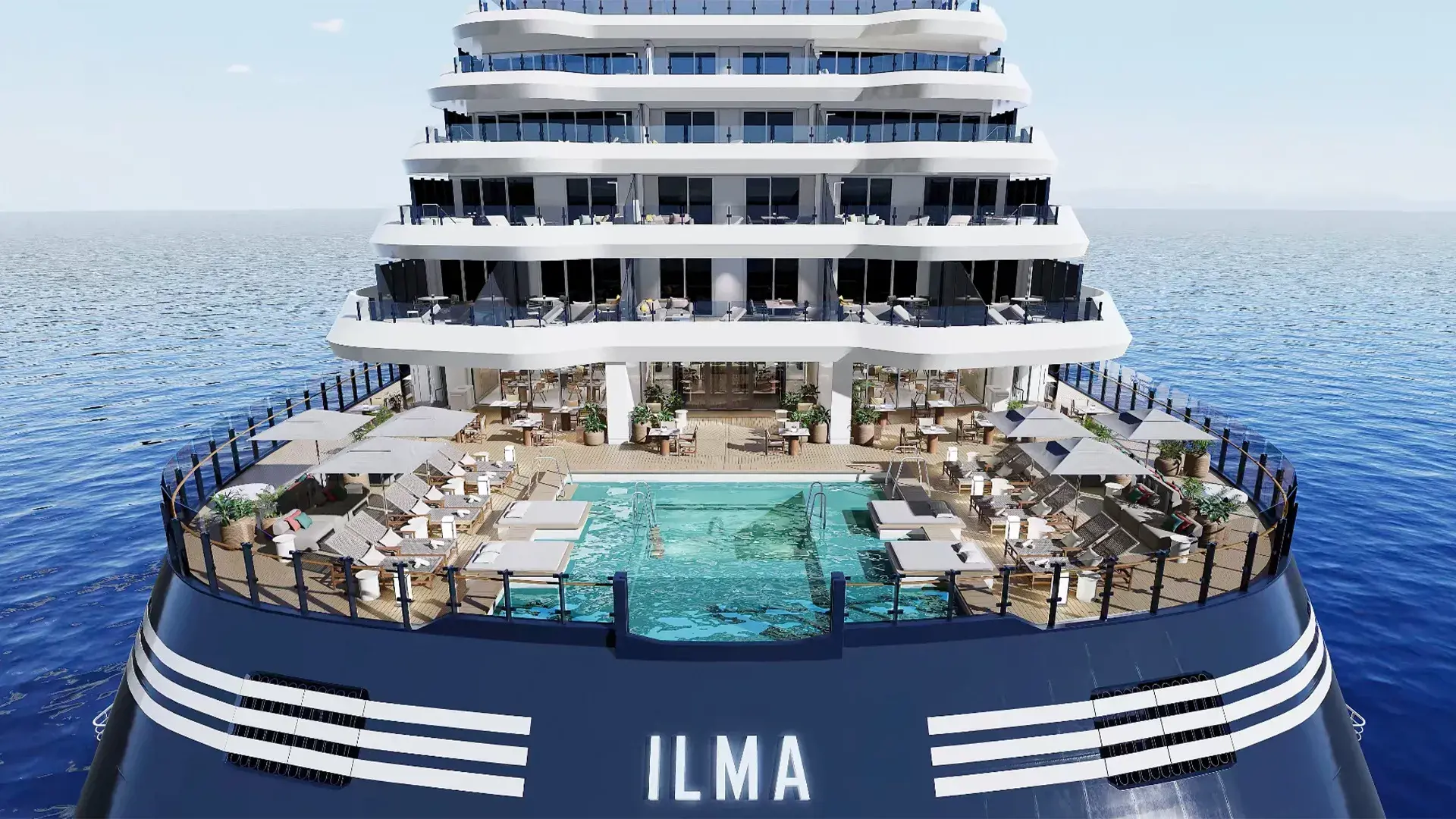Luxury cruise ship ILMA with a pool and lounge area at the stern, sailing on a calm ocean.