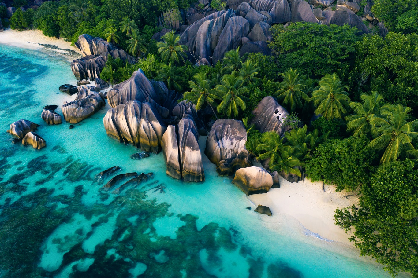 Aerial view of a tropical Seychelles beach with turquoise water, granite boulders, and lush green palm trees.