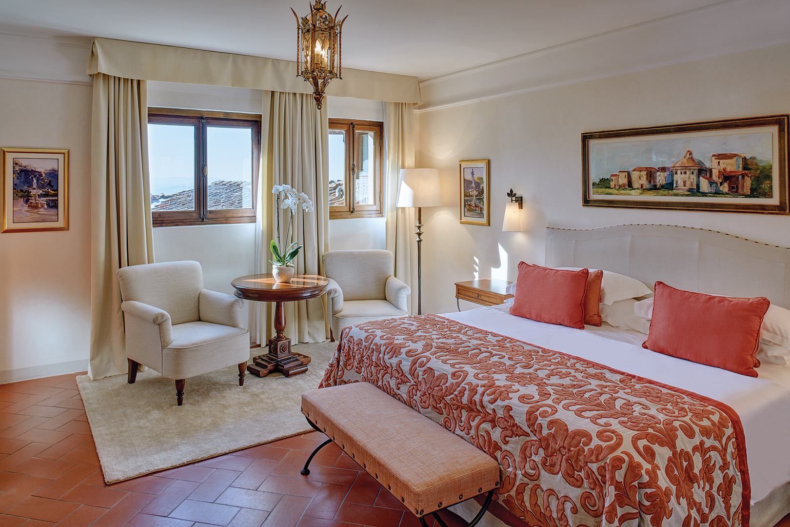 Europe, Italy, Florence, Villa San Michele, A Belmond Hotel, Florence, Bedroom and chairs
