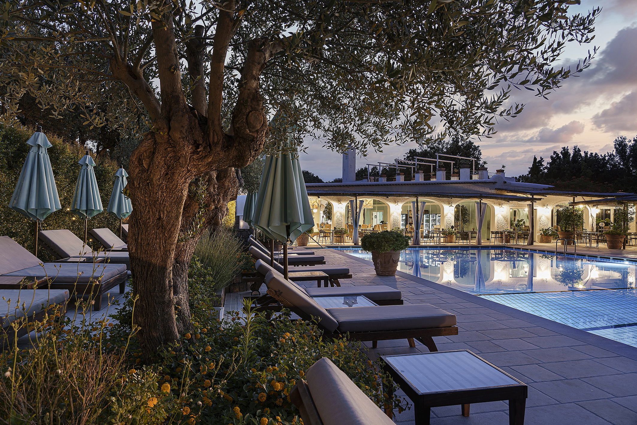 Luxurious poolside view at Botania Relais & Spa in Ischia, featuring sun loungers, umbrellas, and lush greenery under a serene evening sky.