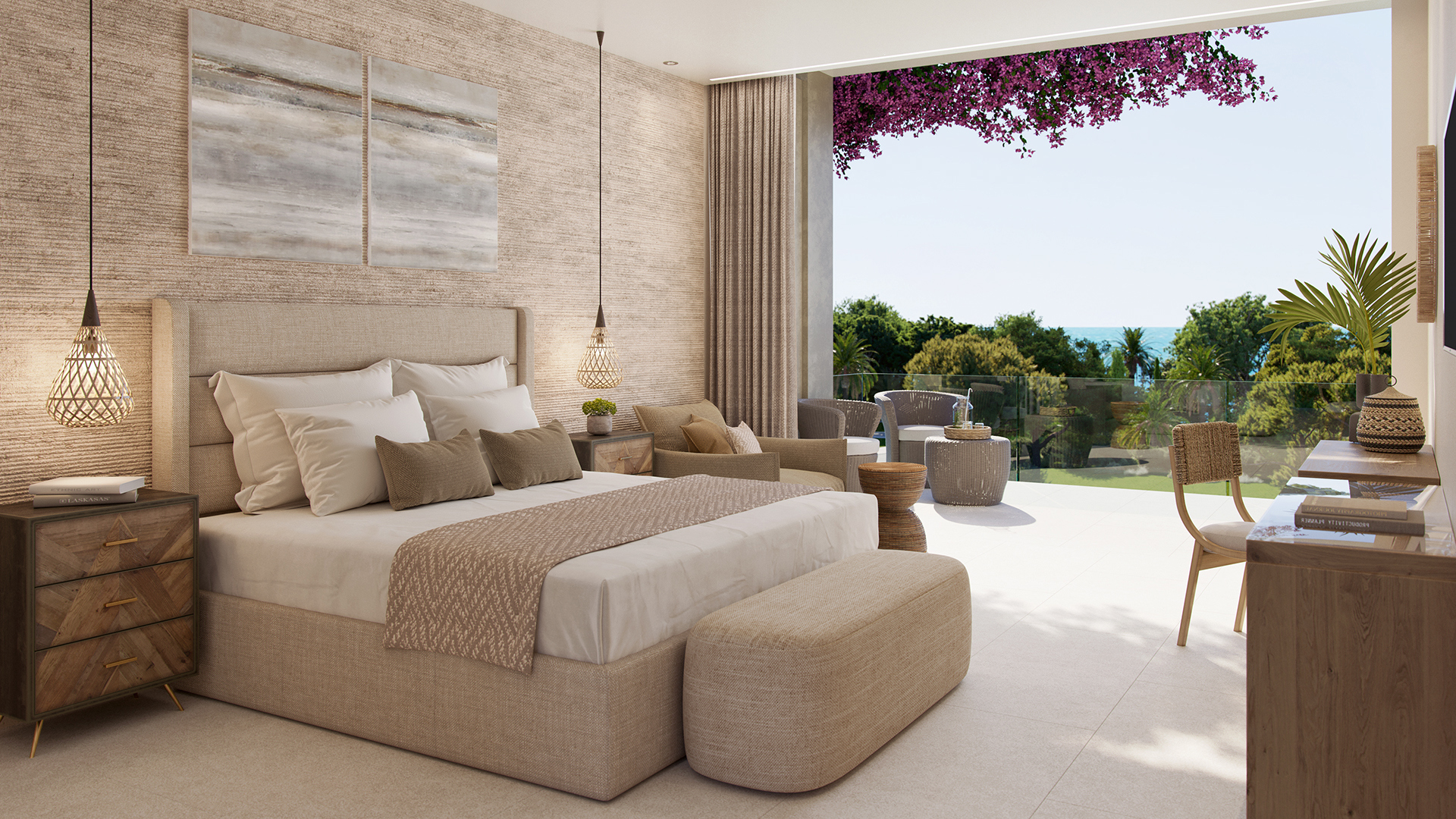 Bed and open doors of double room garden view