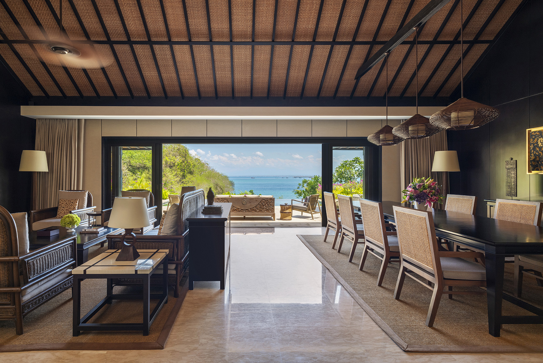 Asia, Indonesia, Bali, Raffles Bali, ocean front two bedroom villa, living and dining room with a view out to sea