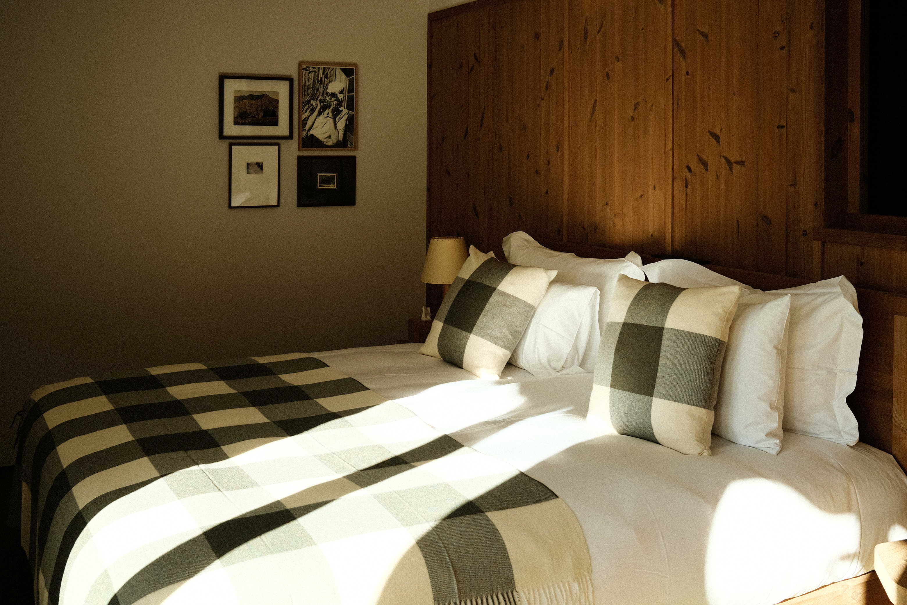 A comfy bed with check soft furnishings stood in front of a wooden wall and a wall with pictures, lit by sunlight