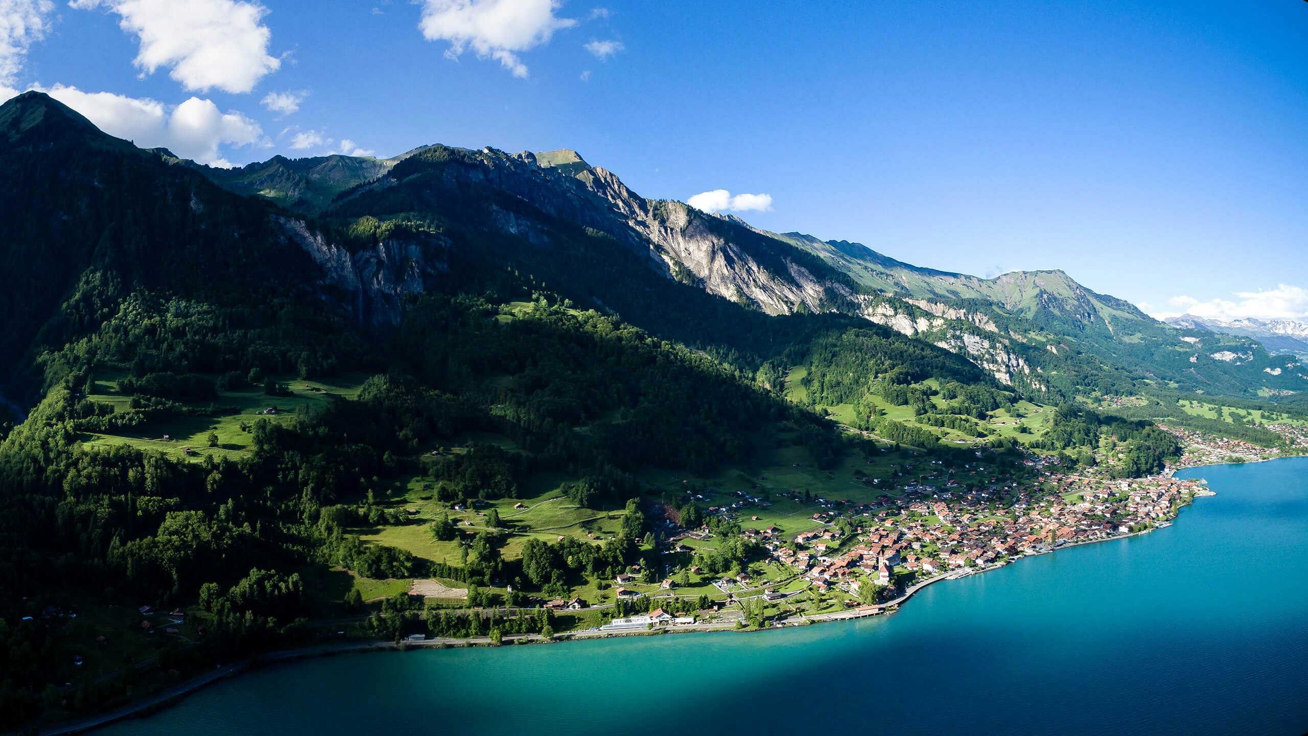 A large mountain by the side of Lake Brienz with a town at its base by the water