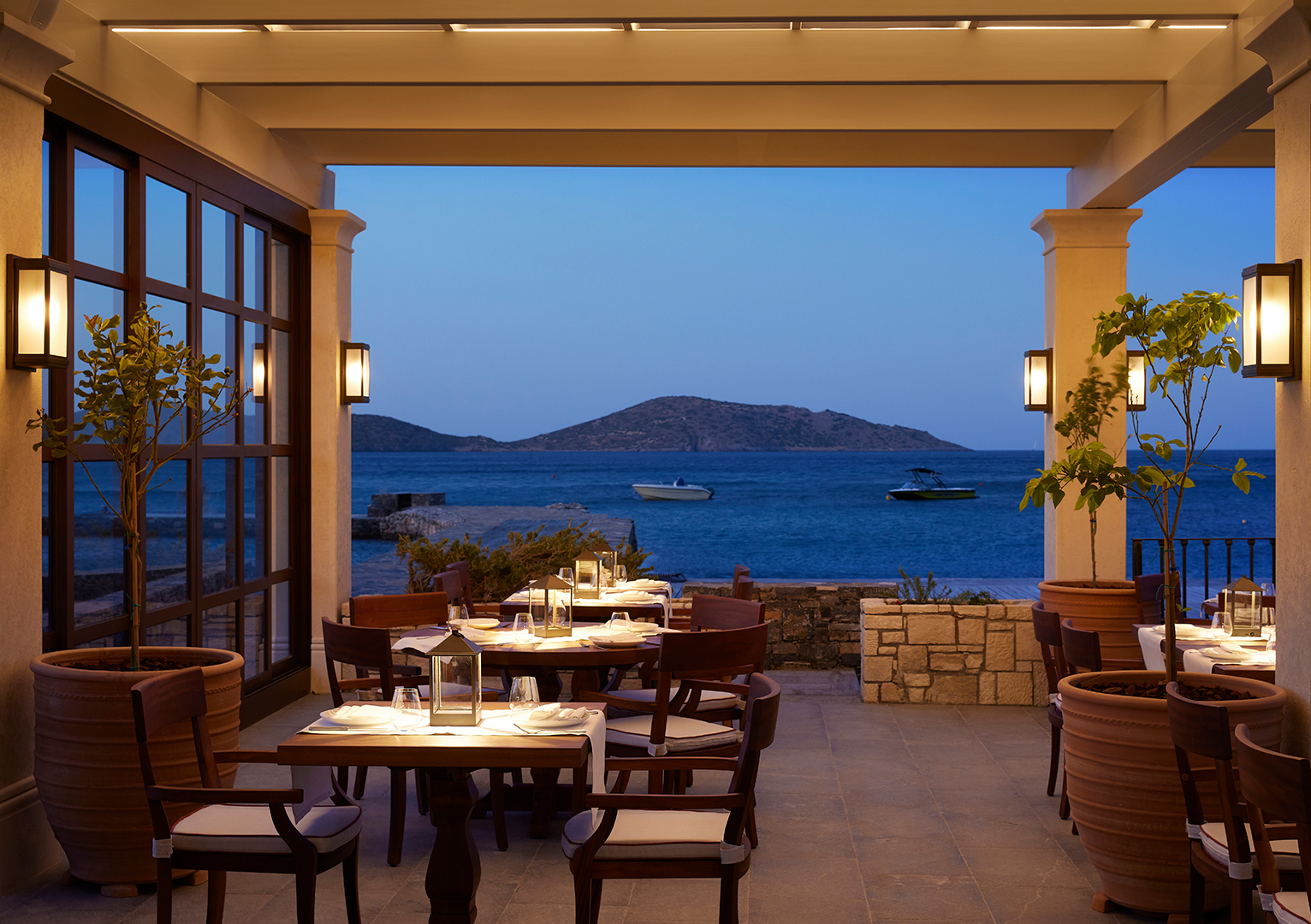 Europe, Greece, Crete, Elounda Peninsula All Suite Hotel, Dining Sea View