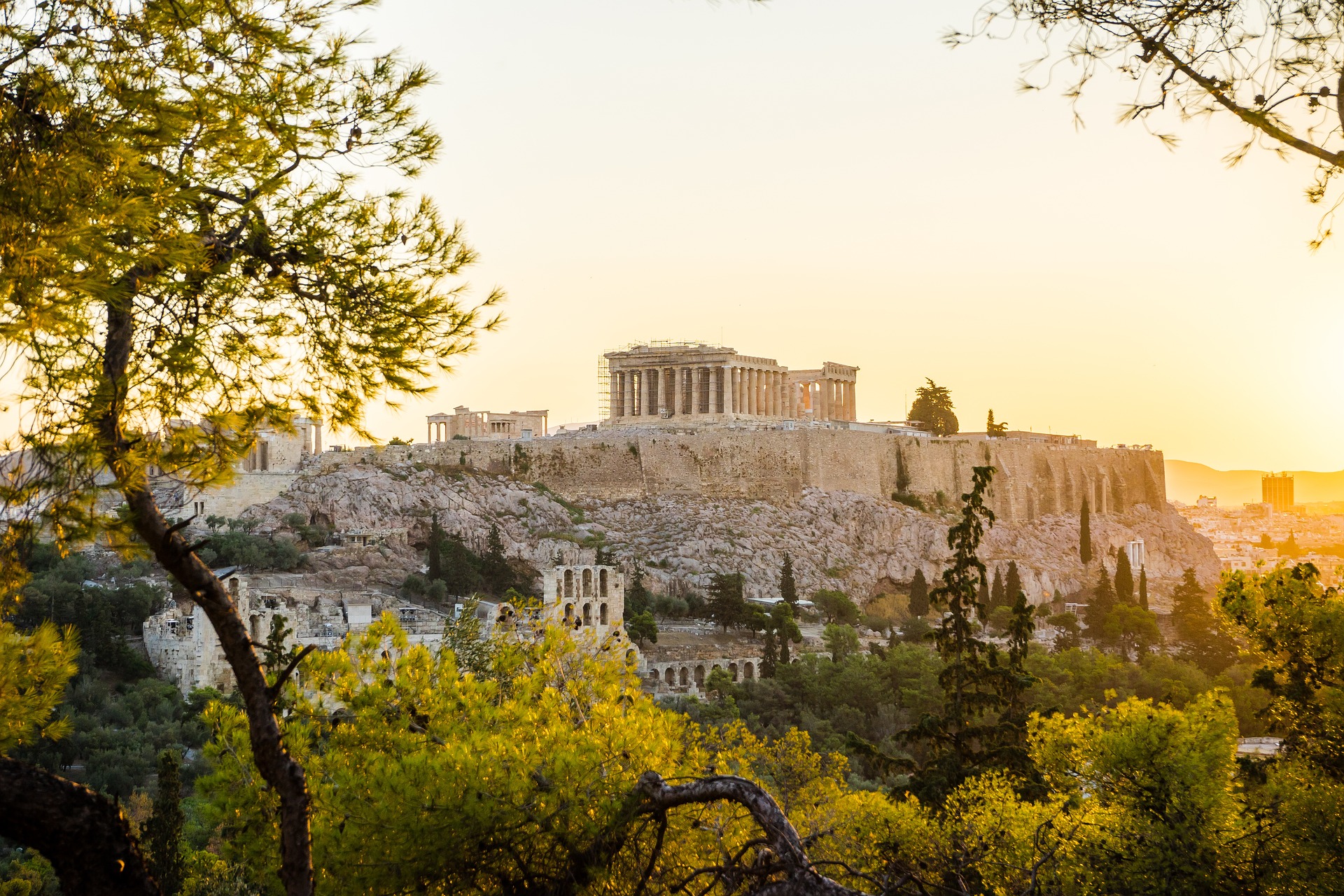 A sunrise view of Athens with Acropolis Hill seen in the distance