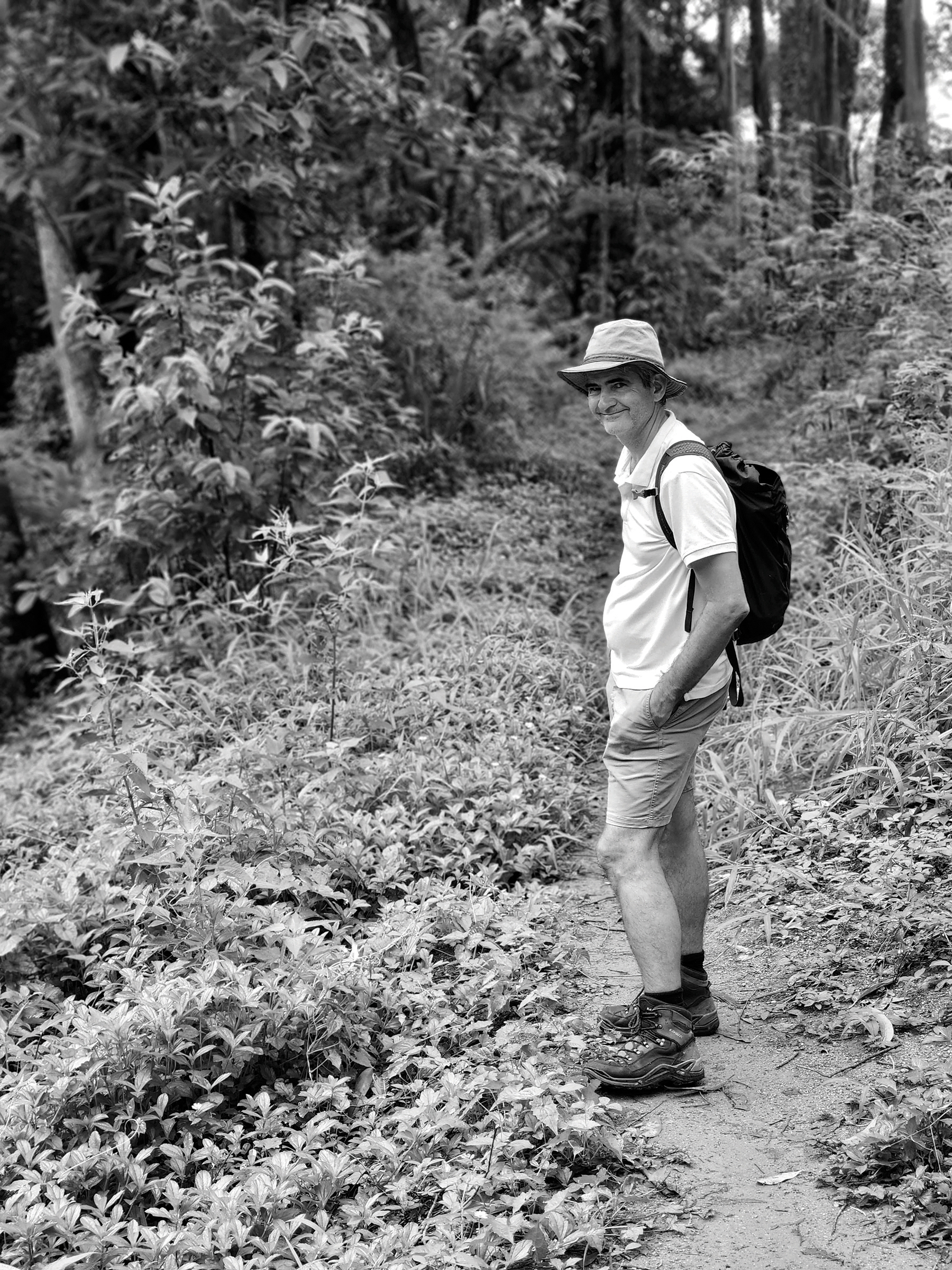 Portrait of Miguel Cunat the creator of the Pekoe Trail in black and white