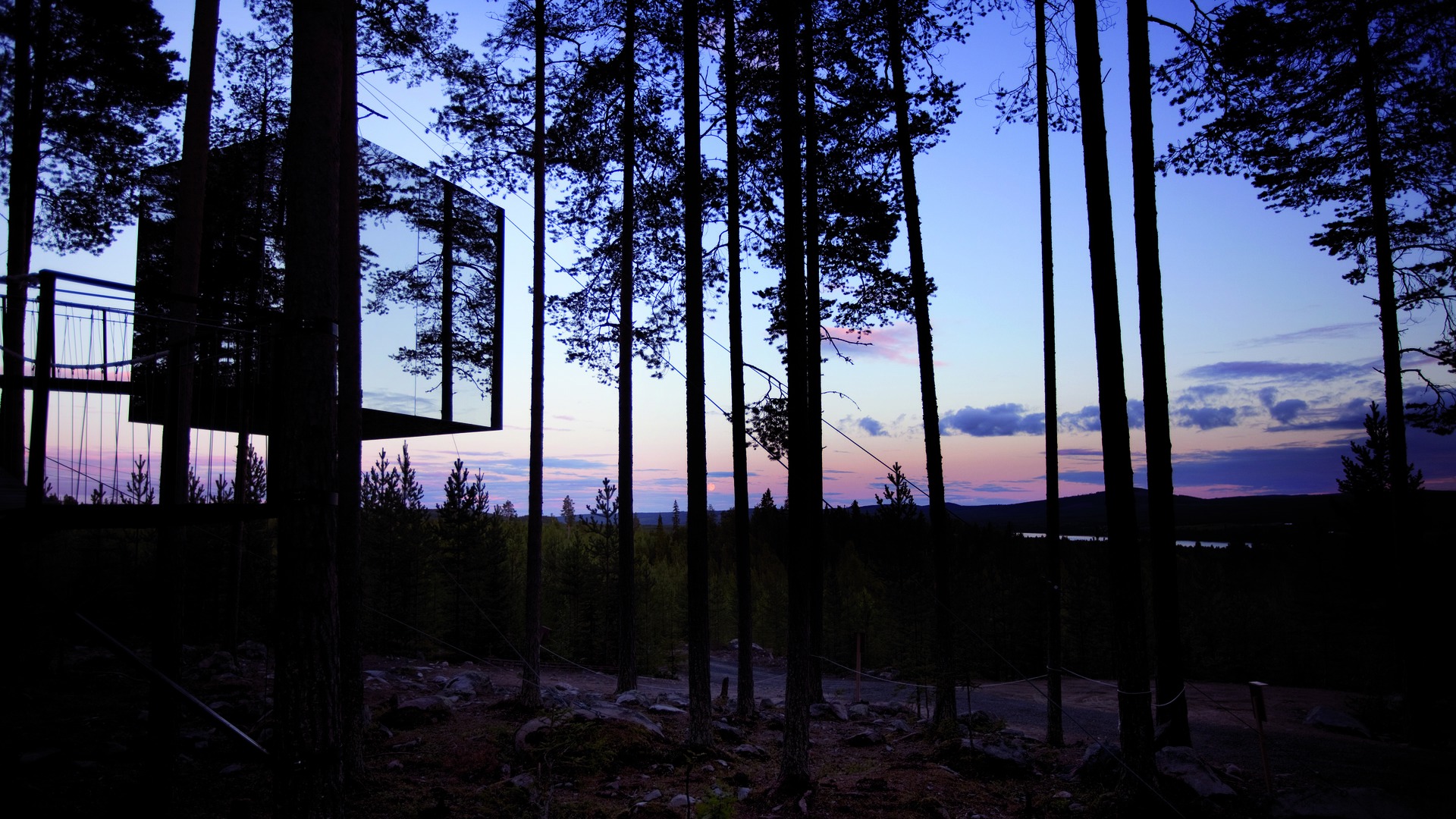 Sweden, Treehotel, Mirror Cube Exterior at Dusk