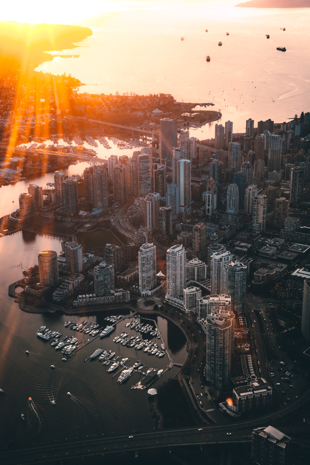 An aerial view looking over Vancouver during sunset