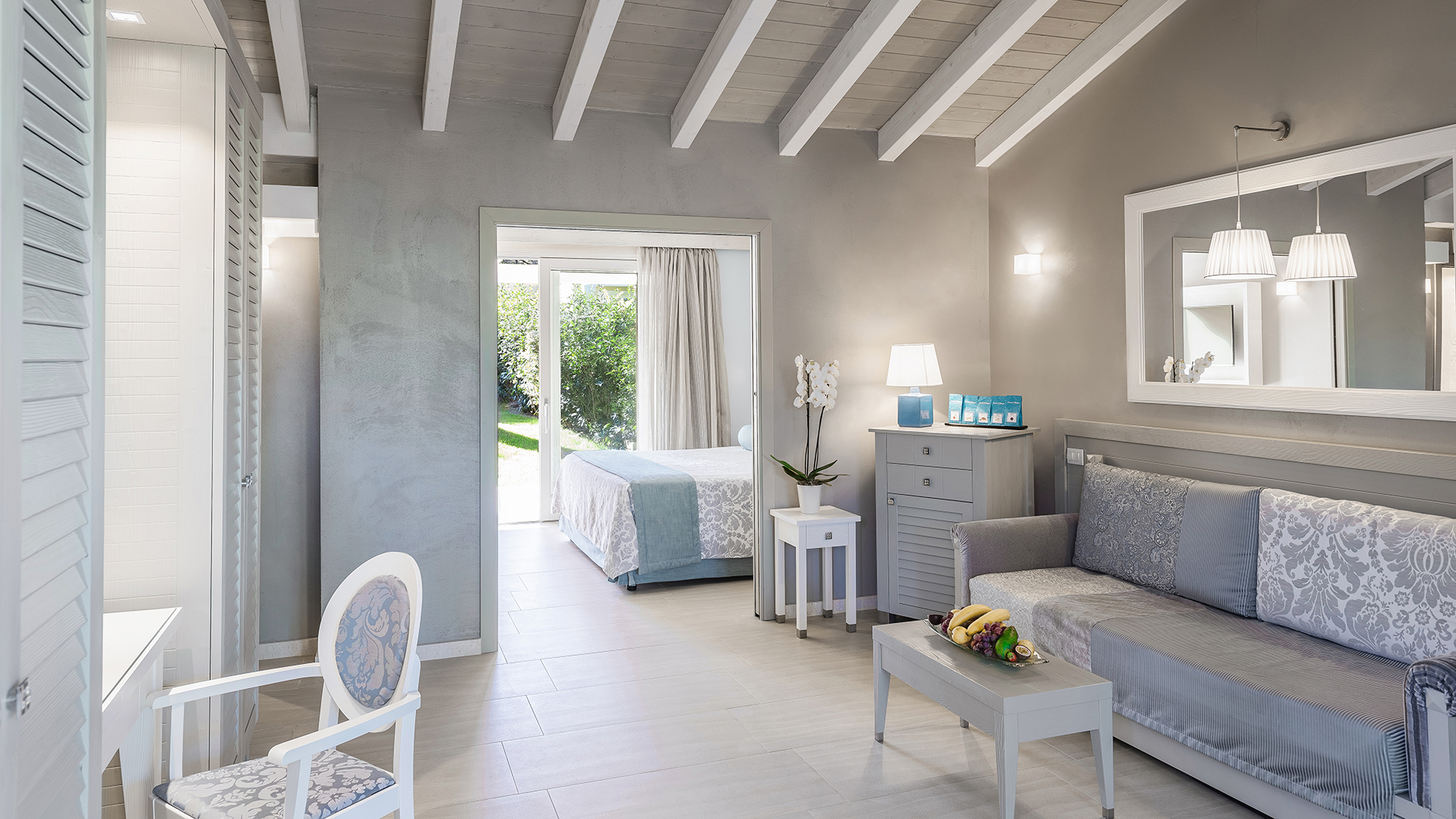  Europe, Italy, Sardinia, Forte Village - Il Castello, Luxury Family Bungalow living room