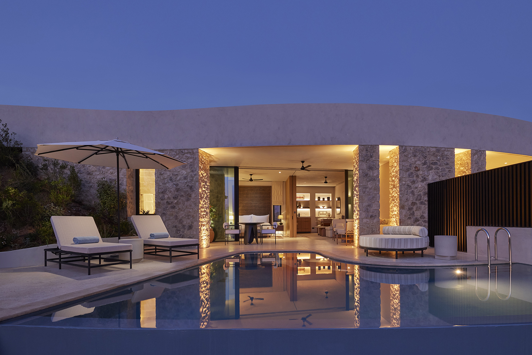 Europe, Greece, Mandarin Oriental Costa Navarino, pool villa at night 