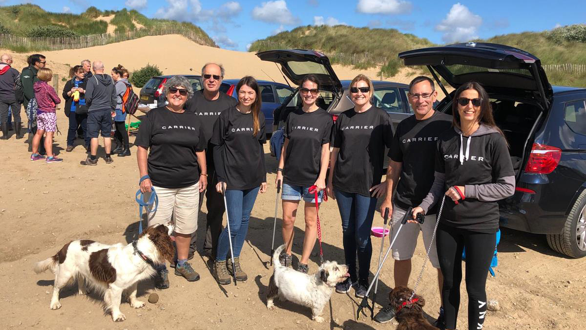 A group of employees wearing t-shirts sporting the Carrier logo stand on a beach smiling at the camera, three dogs are also seen