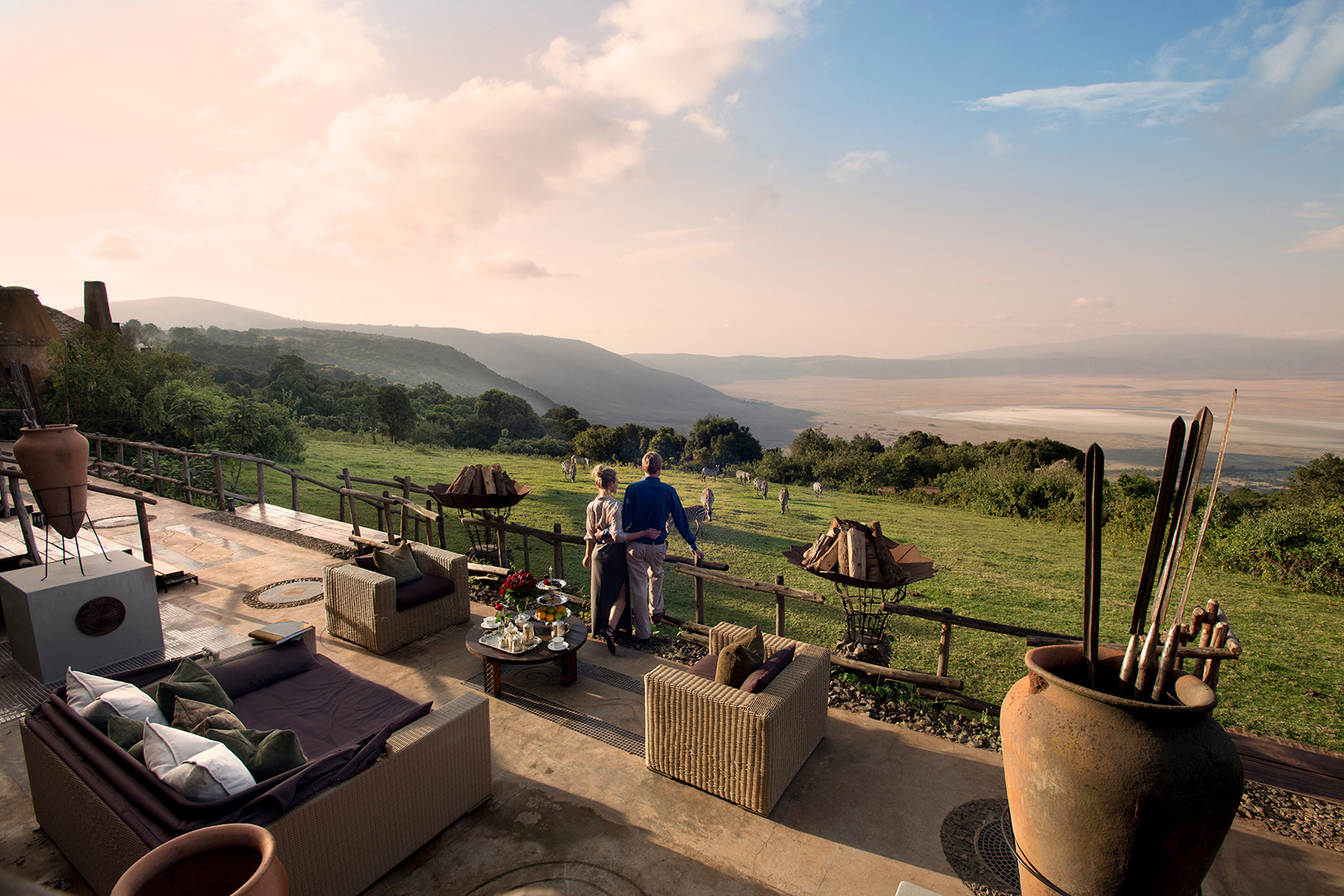 Africa, Tanzania, andBeyond Ngorongoro Crater Lodge, South camp veranda at sunset