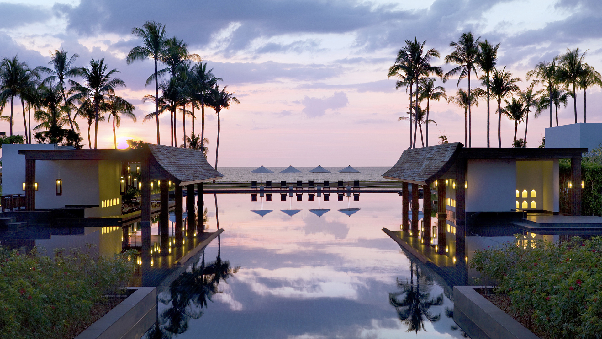 Worldwide, Thailand, JW Marriott Khao Lak Resort & Spa, Central pool sunset