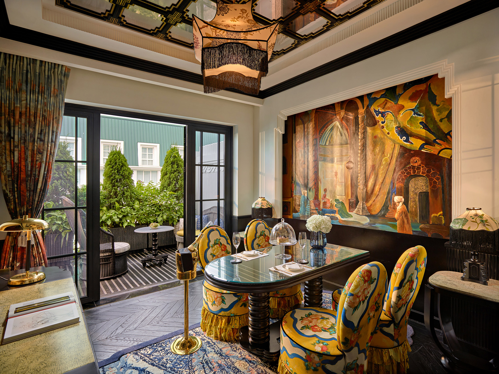 Asia, Vietnam, Hanoi, Capella Hanoi, dining table and terrace view in Royal Opera Suite Scheherazade