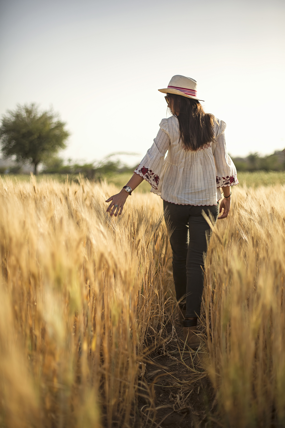 Woman walking through field of wheat, India