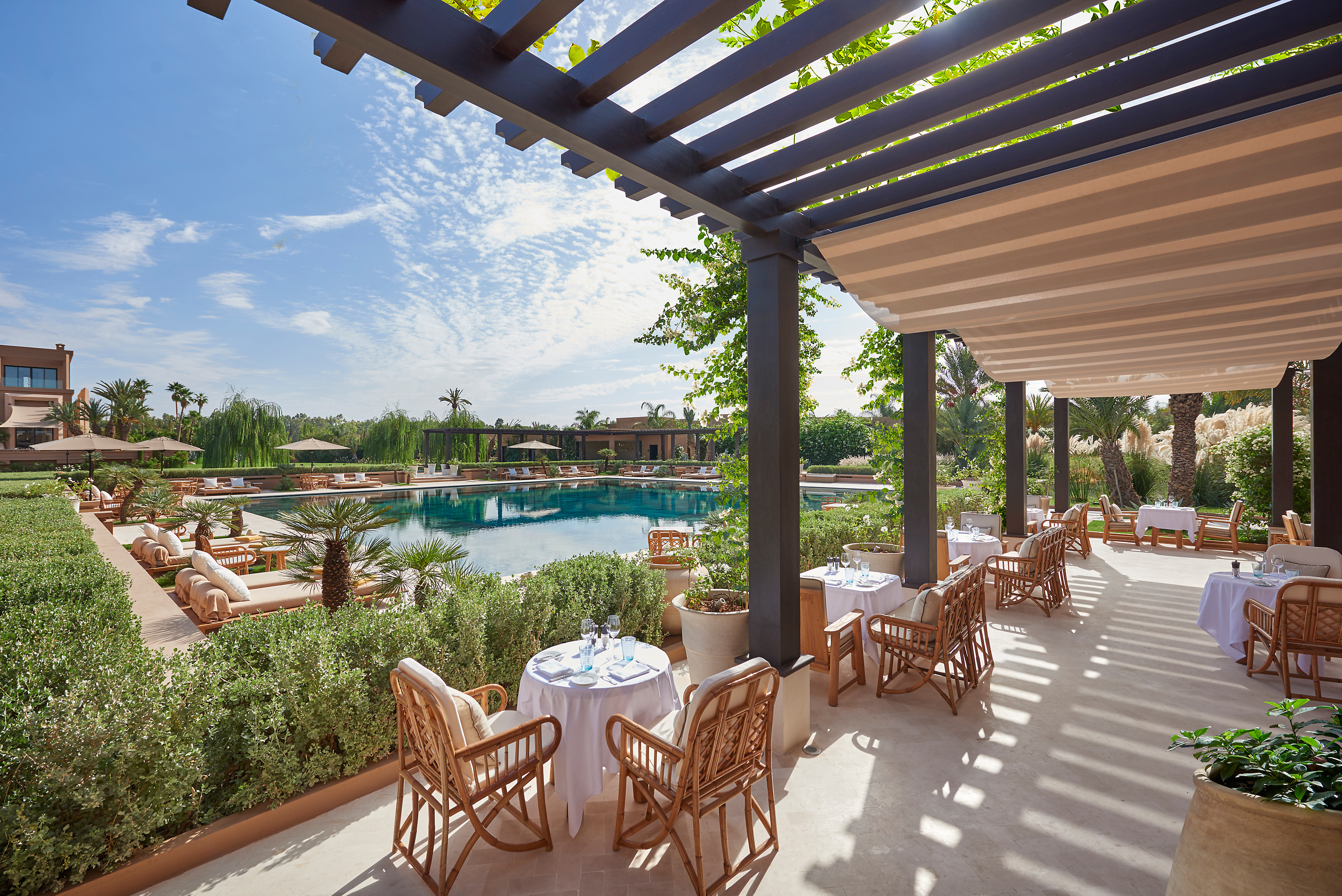 Africa, Morocco, Mandarin Oriental Marrakech, fine dining pool garden 