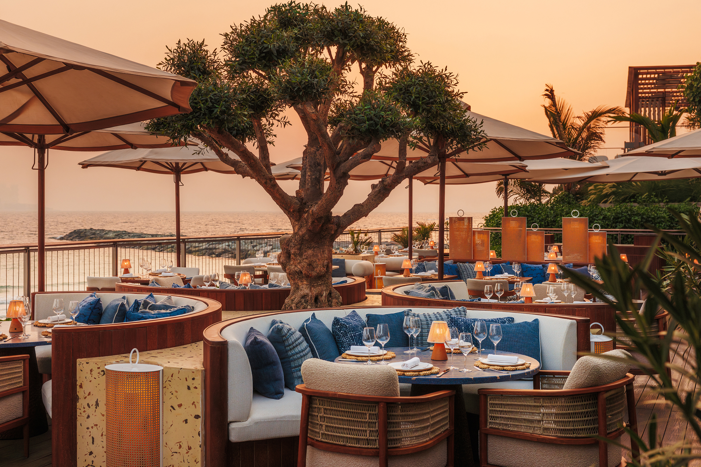 A stylish outdoor restaurant at sunset featuring circular seating with blue cushions and umbrellas surrounding a large olive tree