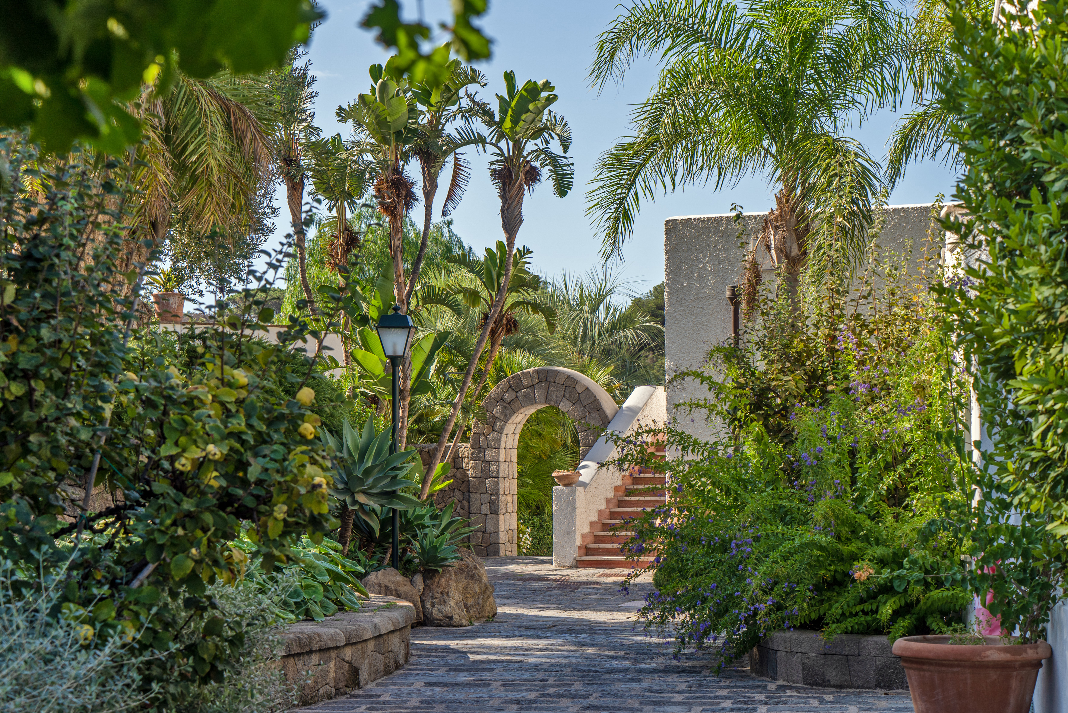 Scenic garden pathway with lush greenery and palm trees at Botania Relais & Spa in Ischia, leading to a stone archway and steps.
