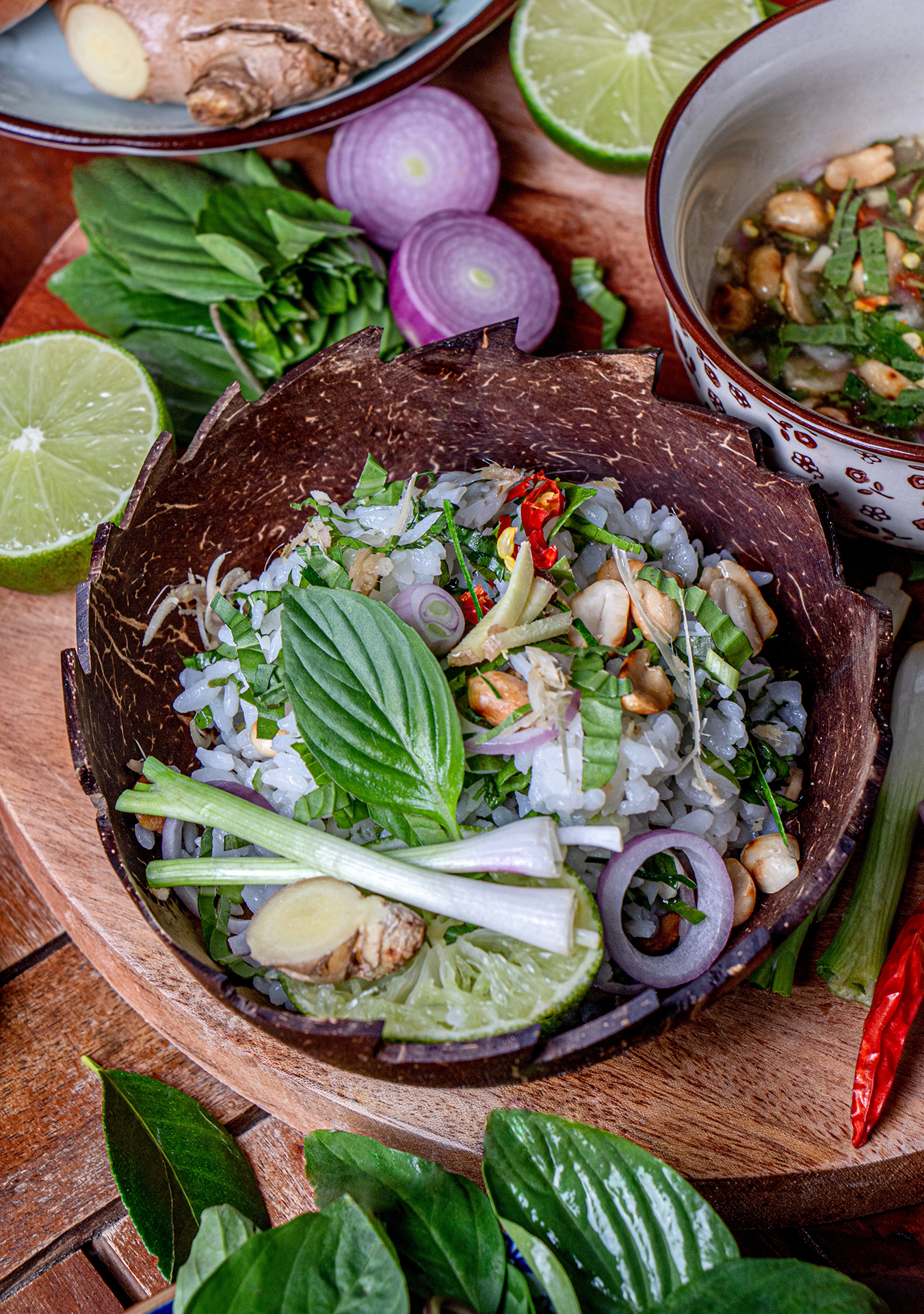 Vegetable salad in a brown wooden bowl