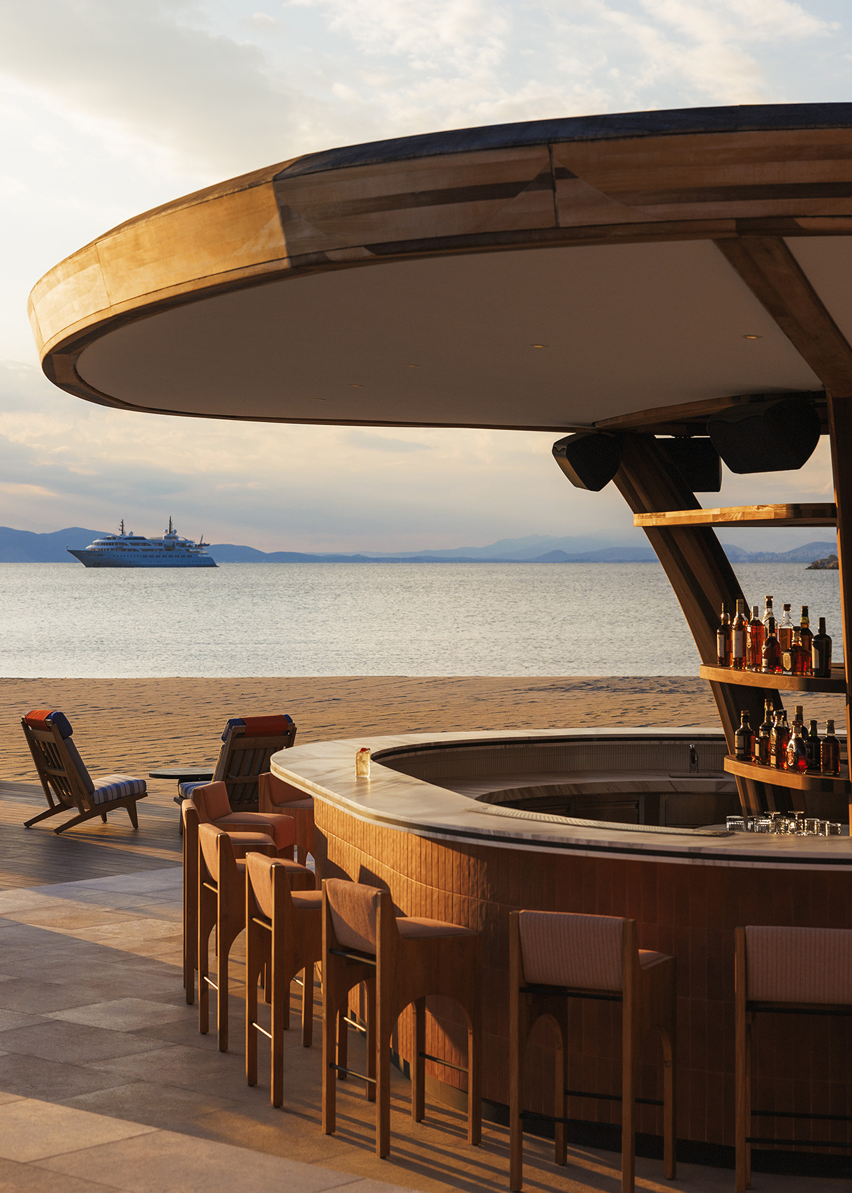 Europe, Greece, Athenian Riviera, One&Only Aesthesis, beach bar at sunset