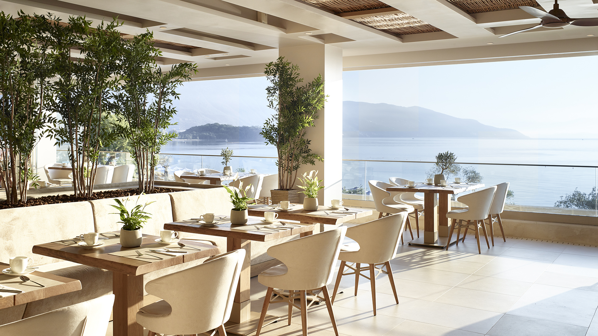 Flavors Main Restaurant at Ikos Dassia with a view of the sea