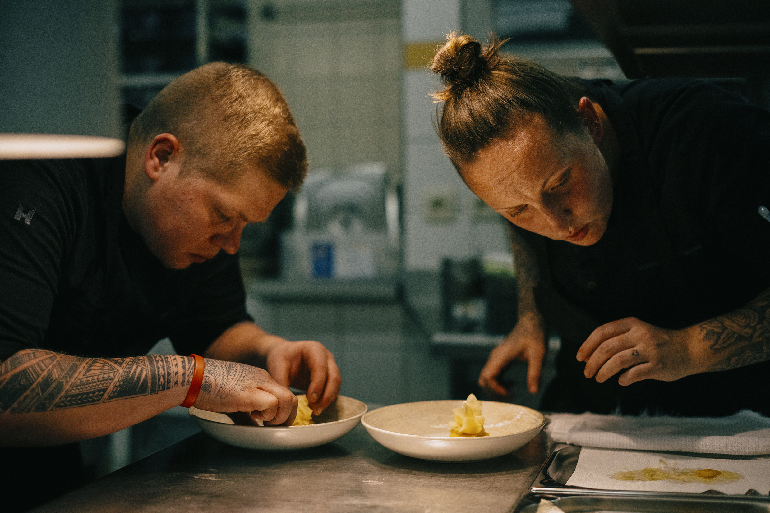 Two chefs meticulously plating gourmet dishes in a professional kitchen at the Gourmet and Wine Hotel Austria