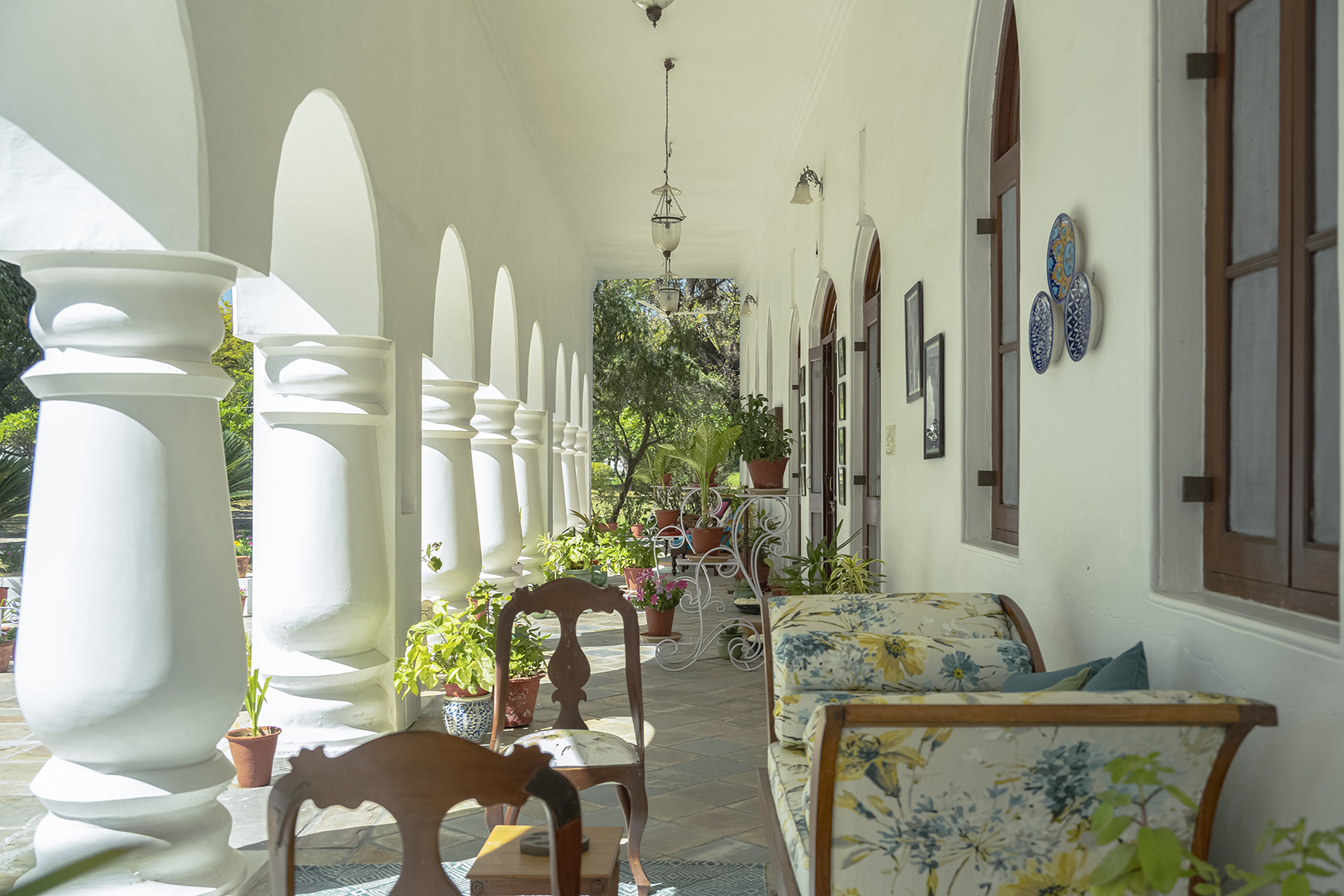 Asia, India, Shahpura Bagh, veranda seating with plants