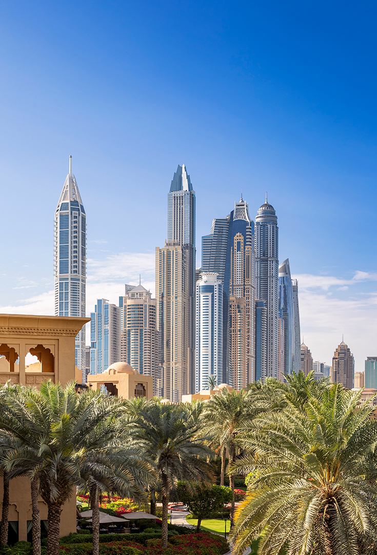 Arabia, Dubai, One&Only Royal Mirage - Arabian Court, skyline view