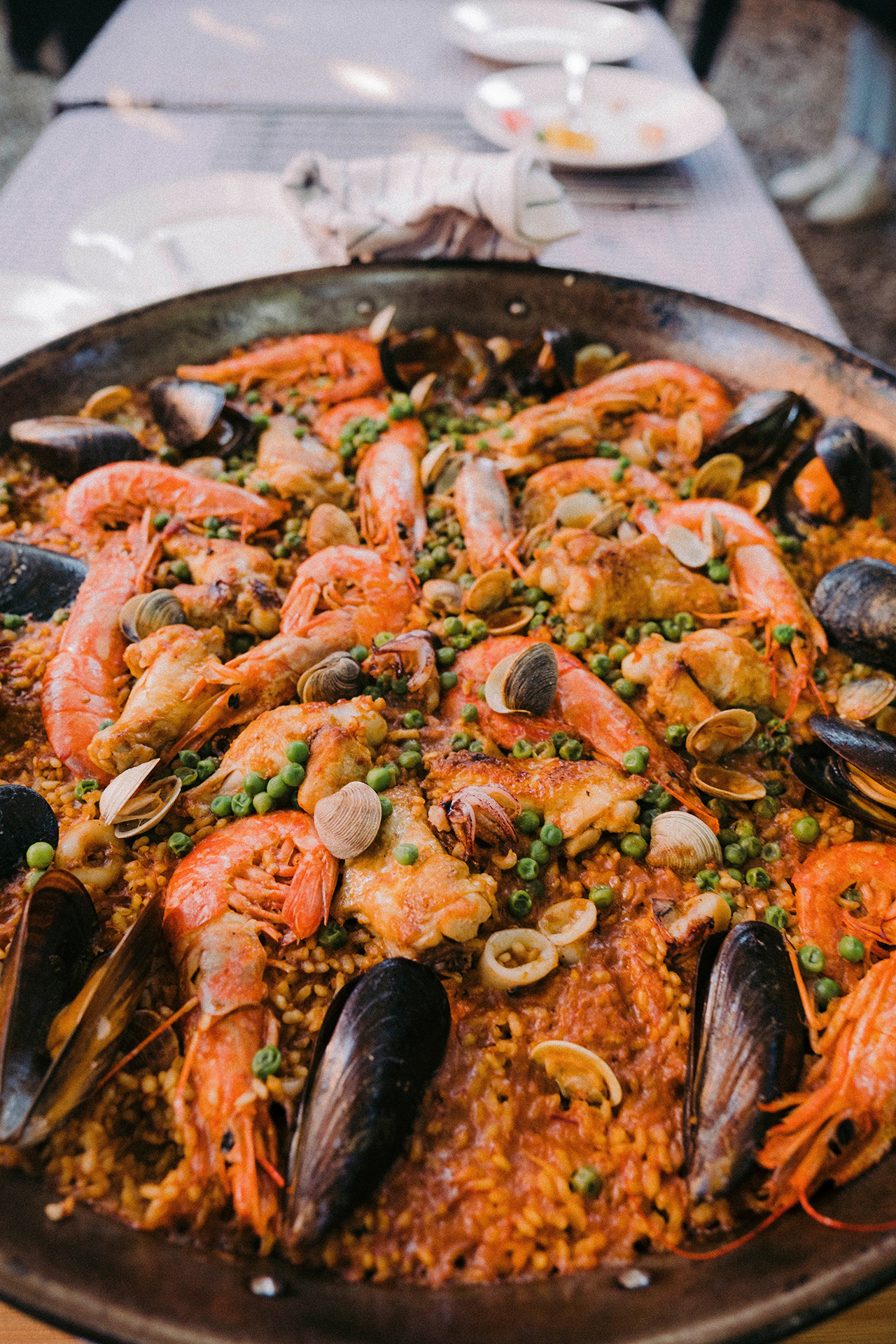 Seafood paella in a big pan