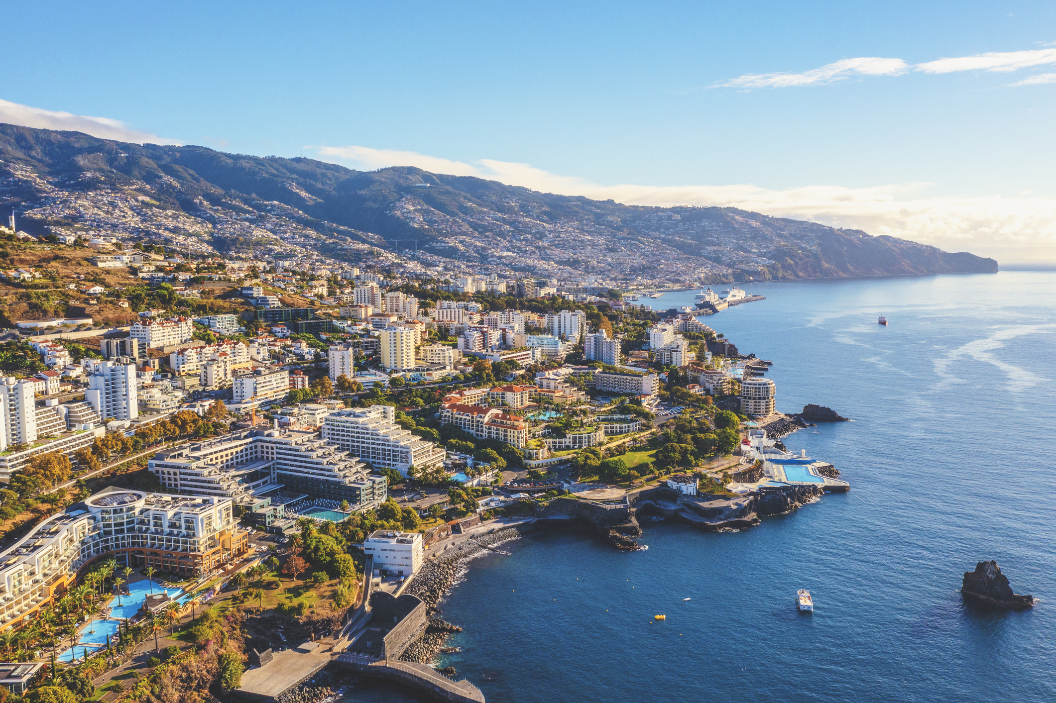 An aerial view of Funchal Bay in Madeira, Portugal