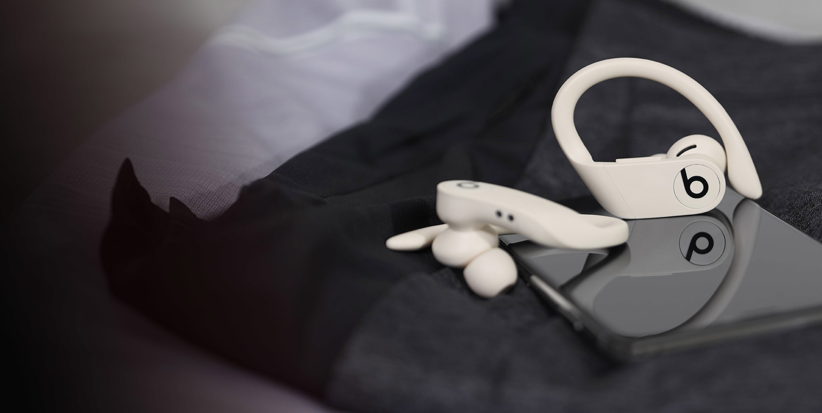 A pair of the Beats by Dre 'Powerbeats Pro' model wireless earphones sit on top of a mobile phone