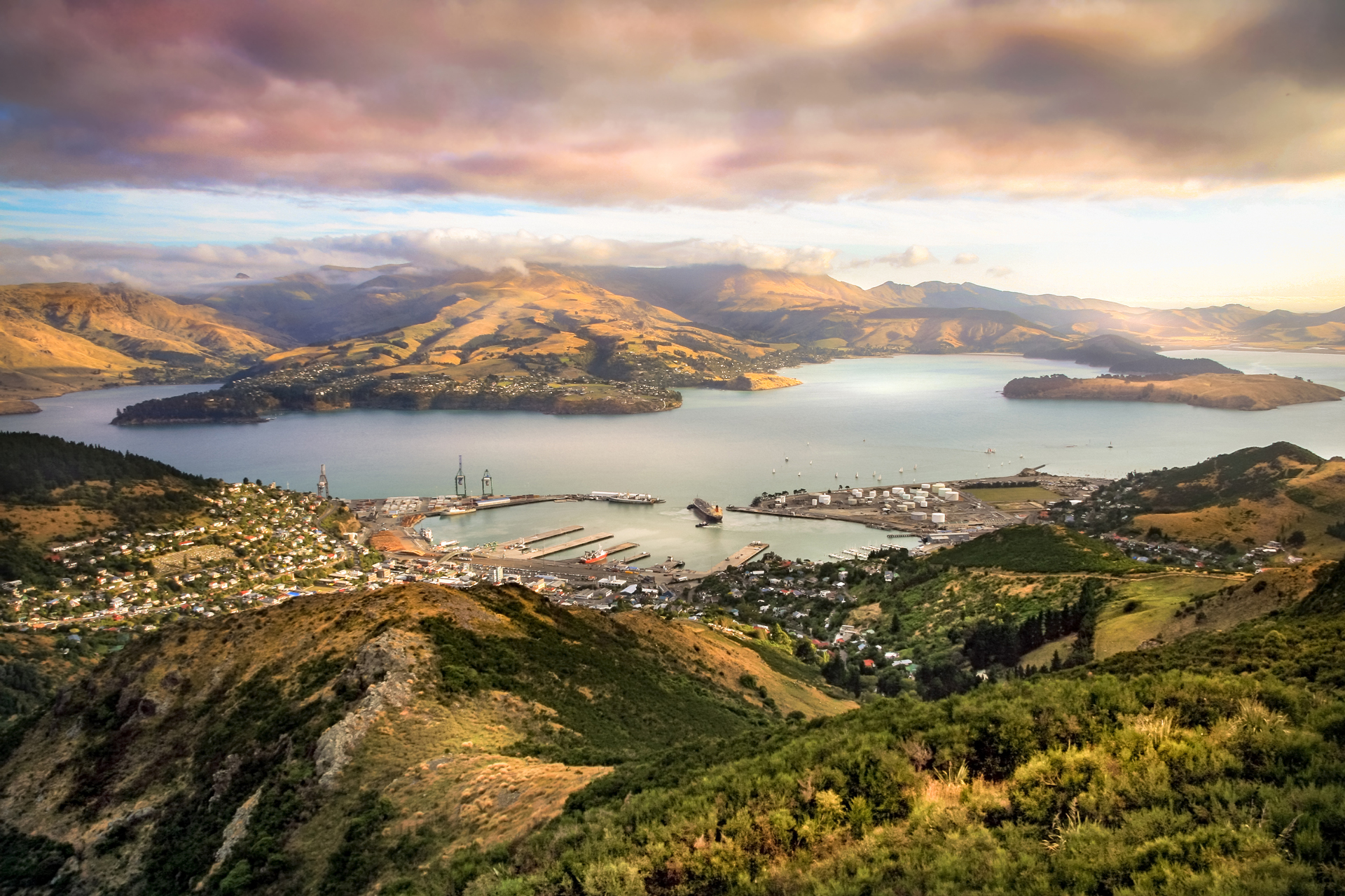 A hill top view of Lyttelton Harbour Christchurch New Zealand