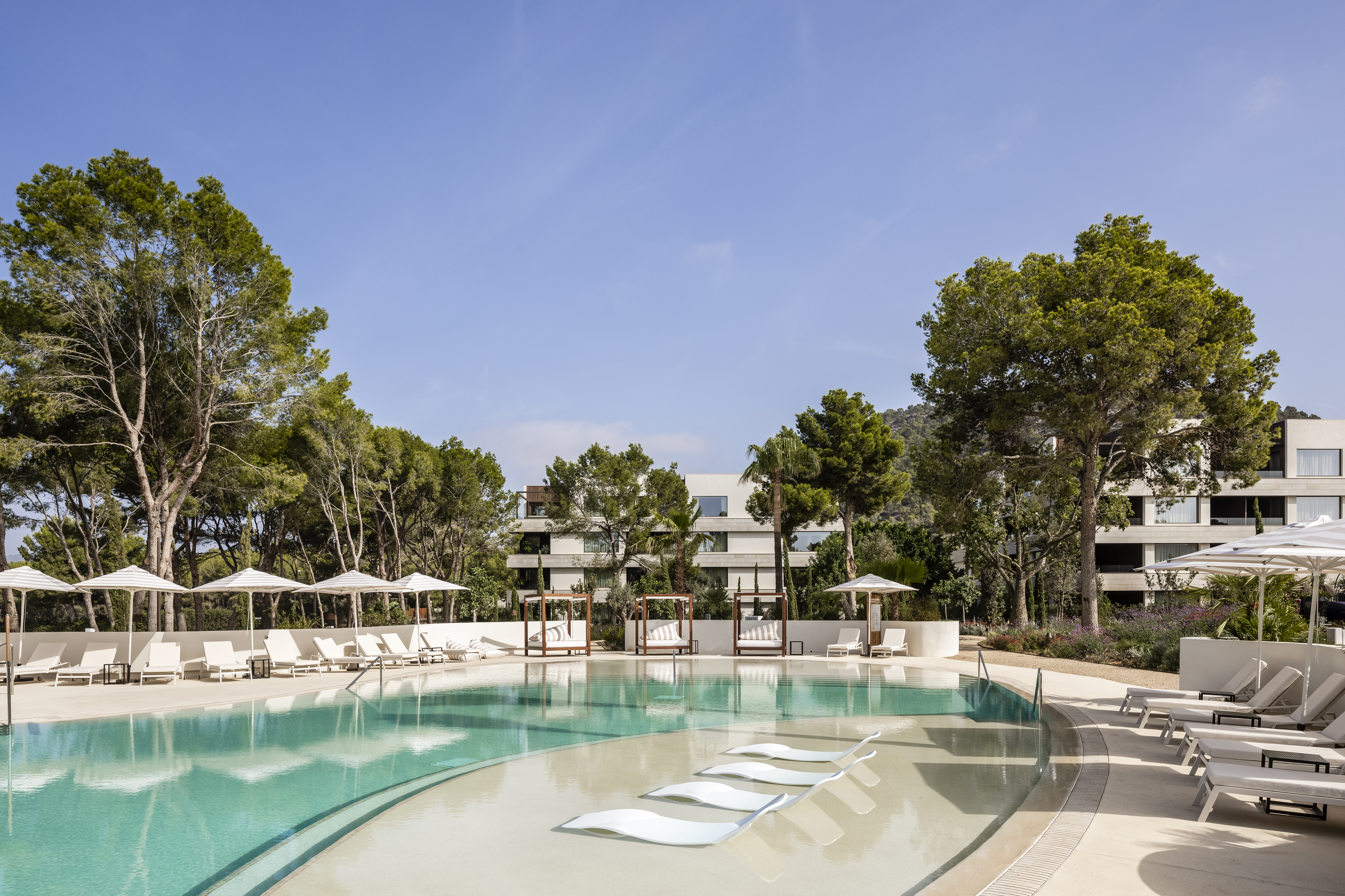 A serene hotel pool area with sun loungers, surrounded by trees and a modern multi-story hotel building under a clear blue sky