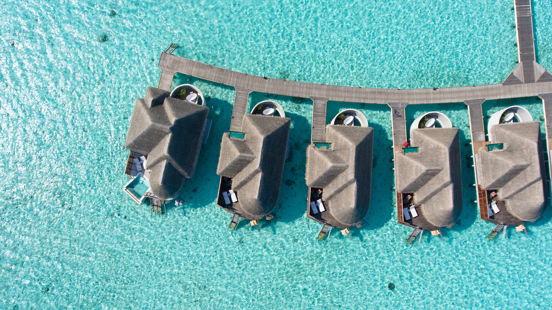 A birds eye view looking down on the villas at Kanuhura